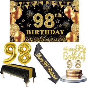 98th Birthday Decorations Men Women with 98th Birthday Banner, Black and Gold Table Cloth, Number Balloons, Large Sash, Cake Topper and Candles