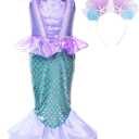 JerrisApparel Girls Princess Mermaid Costume Cosplay Party Dress (4T, Purple With Headband)