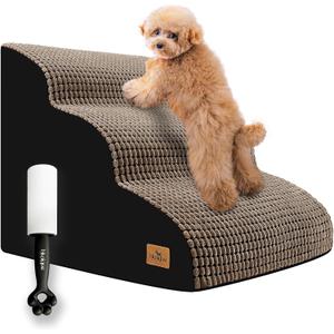 Dog Stairs for Small Dogs, 15.8 in H 3 Step Curved Dog Ramp for High Bed and Couch, Foam Dogs Ramp with Durable Non-Slip Waterproof Fabric Cover, Pet Stairs for Pets Joints, Brown (22.4 X 15.8 X 15.8)