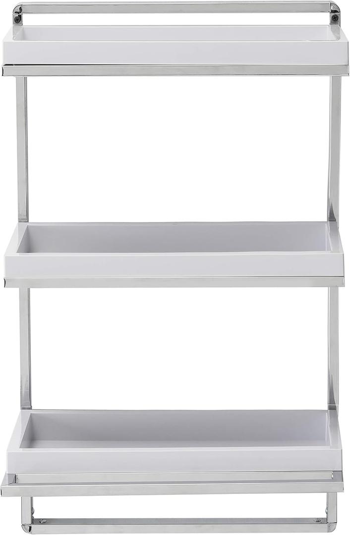 Danya B. Wall Mounted 3-Tier Bathroom Shelf with Towel Bar and Removable Trays, White and Chrome