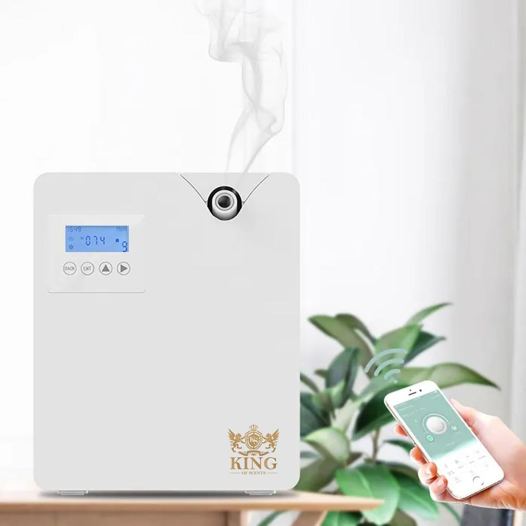 The KING OF SCENTS Bluetooth Smart Scent Air Machine is a waterless scent diffuser with a cover of 1,500 square feet and smart cold air technology for usage in homes, hotels, spas, and offices (white)