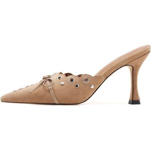 Kitten Heel Mules for Women Bow Tie Suede Stiletto Heels Mule Pointed Toe Studs Slide Heeled Sandal Pumps for Wedding Dress Party, 38