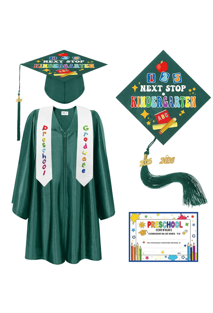 Bokon 4 Pcs Kindergarten Preschool Graduation Cap and Gown with 2025 Tassel Graduation Stole and Certificate for Toddler Kids, Size 33