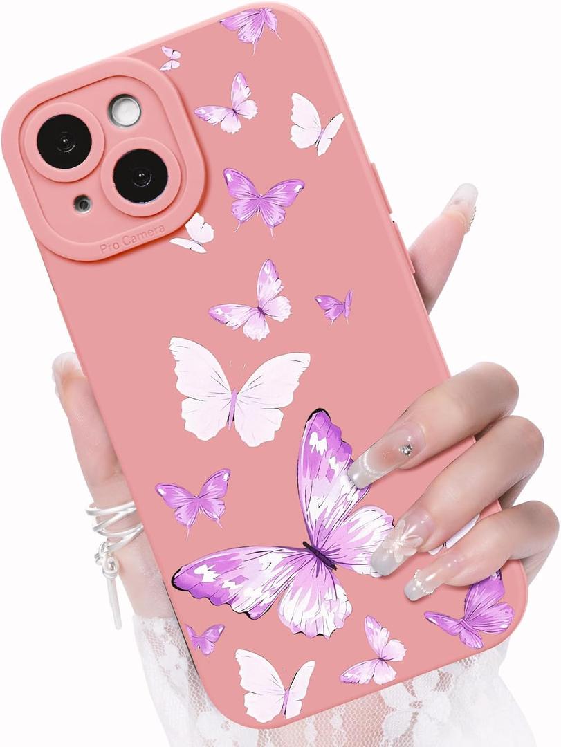 2 x Compatible with iPhone 15 Phone Case, Fashion Flower Pattern Design Girls Women Liquid Silicone Cover, Slim Shockproof and Scratch-Resistant Soft Case for iPhone 15 - Butterfly Pink