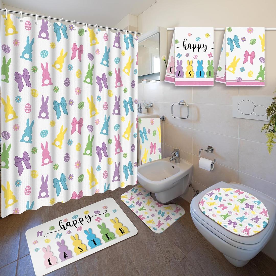 Nuanchu 6 Pcs Easter Shower Curtain Set with Rug Easter Bunny Bathroom Sets with Shower Curtain Bath Mat U Shaped Mat Toilet Lid Cover 2 Bath Towels and 12 Hooks Rabbit Bathroom Decor