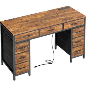 PRAISUN 47 Inch Office Desk with Outlets, Computer Desk with 9 Fabric Drawers, Writing Gaming Work Study Desk for Bedroom, Living Room, Home Office, Large Storage, Rustic Brown