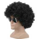 Yuehong Short Black Curly Fluffy 70s Afro Wig 80s Disco Rocker Wig Heat Resistant Synthetic Fibers Durable Breathable Costume Hair for Unisex(Black)