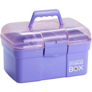 11'' Plastic Box Organizer with Removable Tray, Sewing Box Organizer (Purple)