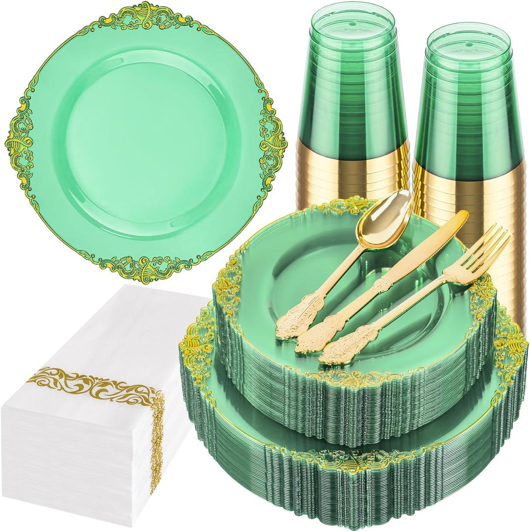 Hioasis 175pcs Clear Green Plastic Plates - Elegant Disposable Dinnerware Set Suitable for 25 Guests Include 10.25" Dinner & 7.5" Dessert Plates, Cutlery, Napkins, Cups for Party & St. Patrick's Day