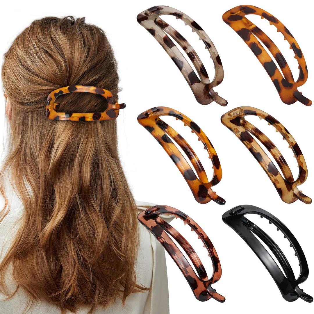 6 PCS Flat Claw Clips for Women, French Flat Claw Clip, Tortoise Shell Flat Hair Clip for Thin Thick Hair, Lay Down Claws Clips, Medium Classic Hair Barrettes