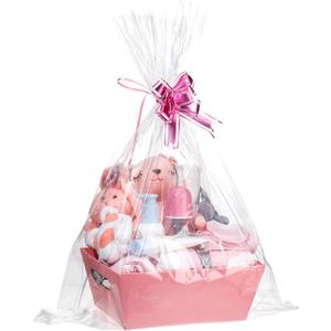6Set Baskets for Gifts Empty - Sturdy Kraft Gift Basket Kit with Cellophane Wrap Pull Bows for Baby Showers Mother Family's Birthday Gifts Wedding Celebration Wrapping, Pink