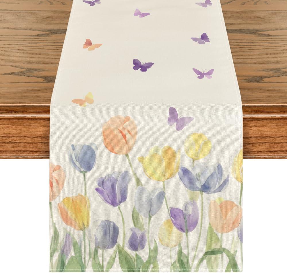 Artoid Mode Watercolour Tulip Butterfly 210 GSM Spring Table Runner, Seasonal Summer Kitchen Dining Table Decoration for Home Party Decor 13x108 Inch