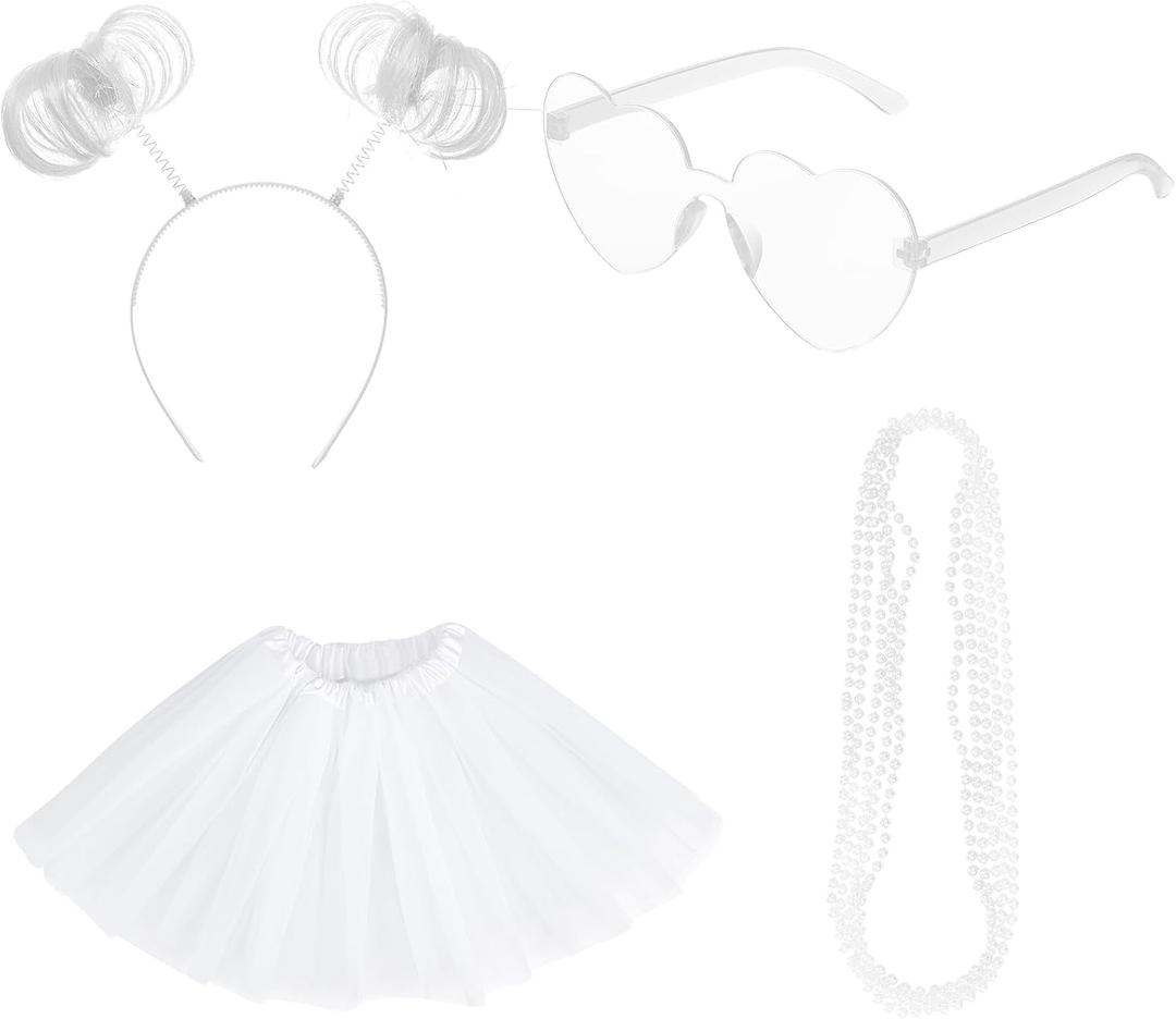 Canlierr Women Tutu Costume Accessories Set, Spirit Day Pom Pom Headband Necklace Sunglass 5 Layered Tulle Skirt for Party (White, S)