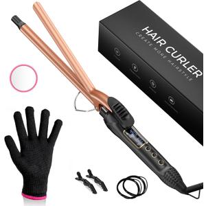 0.5 in Tiny Curling Wand with Adjustable Temperature, for Medium and Long Hair, Heat Resistant Glove, 8-in-1 Gift Set (1/2 IN, Black)