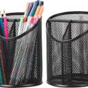 2 Pack Pen Holder Mesh Round Pencil Holder Desktop Organizer 3 Compartments, Black