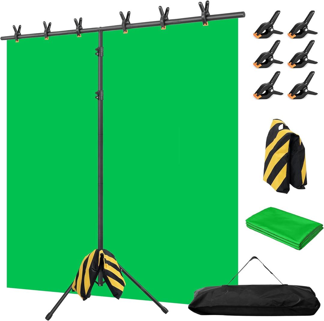 Green Screen Backdrop with Stand, 8x7.2ft Portable Greenscreen Background with Stand, T-Shape Green Screen Stand kit with 6 Spring Clamps, Sandbag, Carry Bag for Zoom, Video