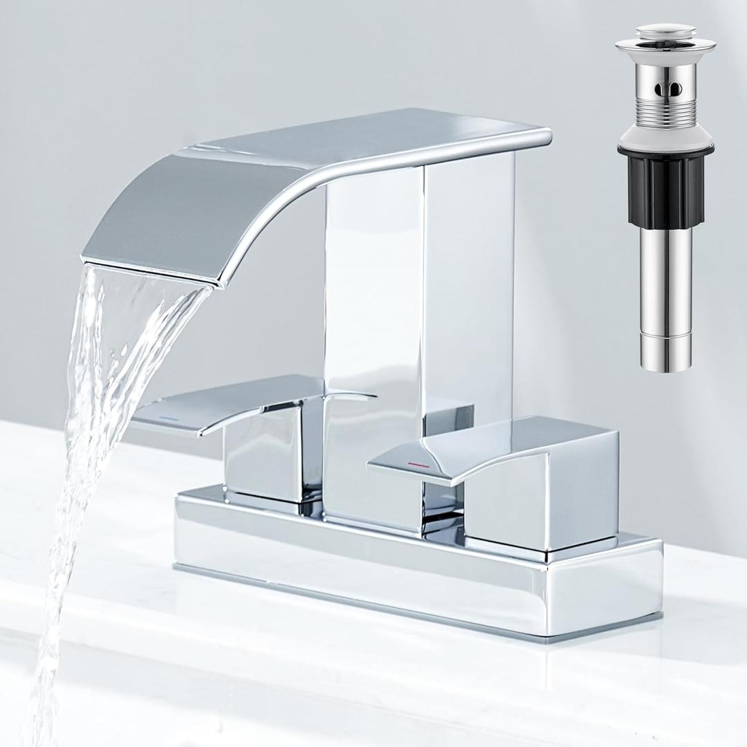 Chrome Bathroom Sink Faucet 2 Handles with Pop up Drain - Waterfall Bathroom Faucet Set 4 inch 2 or 3 Holes Centerset Mixer Tap Faucet with Supply Hoses for Bathroom Vanity Sink Vessel Basin