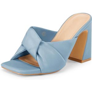 Coutgo Womens Chunky Heeled Mules Puffy Knot Square Open Toe Slip On Sandals Summer Evening Party Prom Shoes (Blue), Size 11