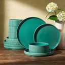 Famiware Ceramic Plates and Bowls Set, Dinnerware Sets, Ribbed Dishes for 4