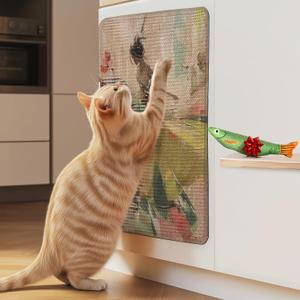 SCRATCHABLE Sisal Cat Scratcher, [+ Catnip Fish Toy], Cat Wall Scratcher, Couch Protector from Cat Scratching, Scratching Mat- 24 X 15.8 with 12 Adhesive Velcro Stripes (Elegant Green)
