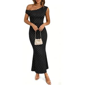BISUAL Women Polka Dot Dress One Shoulder Black and White Maxi Dress | Bodycon Mermaid, Wedding Guest, Formal Party, Cocktail Evening, Stretch Fabric, Flattering Fit, Vintage 50s Style,Classy Look (White), XL