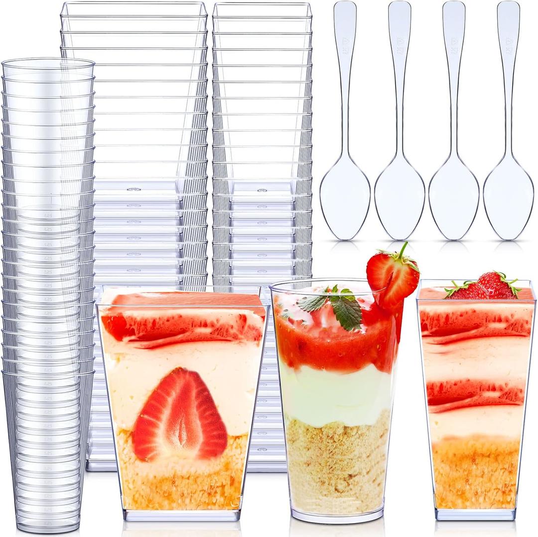 Zhehao 300 Packs 3 oz 5.6 oz Mini Dessert Cups with Spoons Plastic Parfait Appetizer Shooter Yogurt Cups Disposable Clear Square Dessert Serving Containers(Simple Style,Clear)