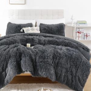 Smoofy Fluffy Queen Comforter Set, Faux Fur Comforter Set Queen Size, Luxury Fuzzy Bedding Set, Soft Shaggy Bed Set for All Season, 3 Pieces - 1 Comforter & 2 Pillowcases, Dark Grey