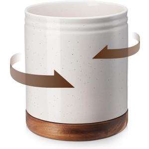 DOWAN 7.6" 360 Rotating Utensil Holder, Kitchen Utensil Holder for Countertop,Large Ceramic Utensil Crock for Kitchen Decor, Protection Cork Bottom, Speck White