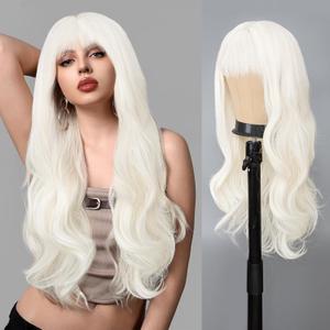 AISI QUEENS White Wigs for Women,Long Wavy Wig White Wig with Bangs Synthetic Heat Resistant for Halloween Cosplay Daily Party (26 Inch)