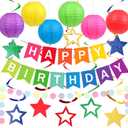 Happy Birthday Decorations, Colorful Birthday Party Decorations Set with Happy Birthday Banner, Paper Lanterns, Star Swirl Hanging Decorations & Circle Dots Garland