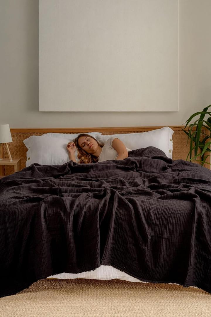 Muslin Blanket - Pure 100% Turkish Cotton Airy Soft Light Versatile Gauze Throw Blanket for Bed, Couch, Sofa (Black, King Size (95" x 110" inch))