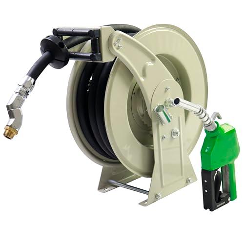 MENAITEK Fuel Hose Reel W/AUTO Fuel Nozzle,Fuel Hose Swivel,3/4"x50FT Fuel Transfer Hose Diesel Hose Reel Retractor,300 PSI Heavy Duty Auto Swivel Rewind Hose Holder Reel,1"NPT Inlet,3/4" NPT outlet