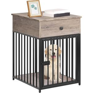 HOOBRO Dog Crate Furniture, Wooden Dog House, Decorative Dog Kennel with Drawer, Indoor Pet Crate End Table for Small Dog, Steel-Tube Puppy Cage, Chew-Proof, Greige BG01GW03