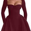 YMDUCH Women's Sexy Long Sleeve Sweetheart Neck A-line Ruffle Hem Party Club Mini Dress (Medium, Winered)