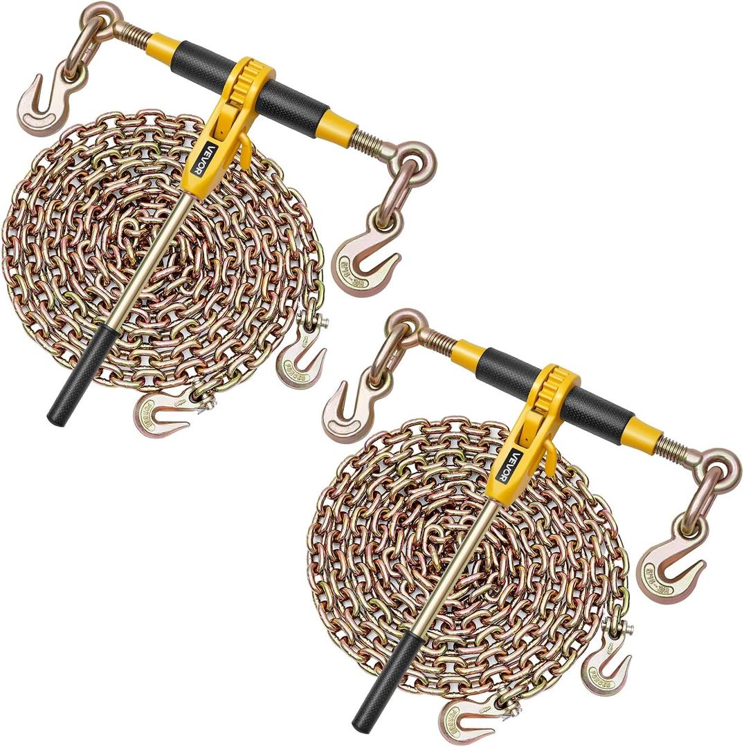 VEVOR Ratchet Chain Binder, 5/16 in x 10 ft G80 Chains, 8000 lbs Working Load of Ratchet Load Binder, Chains and Binders Set, Tie Down Hauling Chain Binders for Hauling, Towing, Logging, Lifting, 2P 10ft