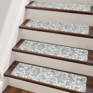 PURE ERA Cushioned Stair Mat, Non-Slip Stair Treads, 8" x 30" Staircase Step Treads Foam Stair Pads, Tape Free Durable Stair Treads for Wooden Steps Wahsable, Easy to Clean (2 Pieces, Light Gray Flower)