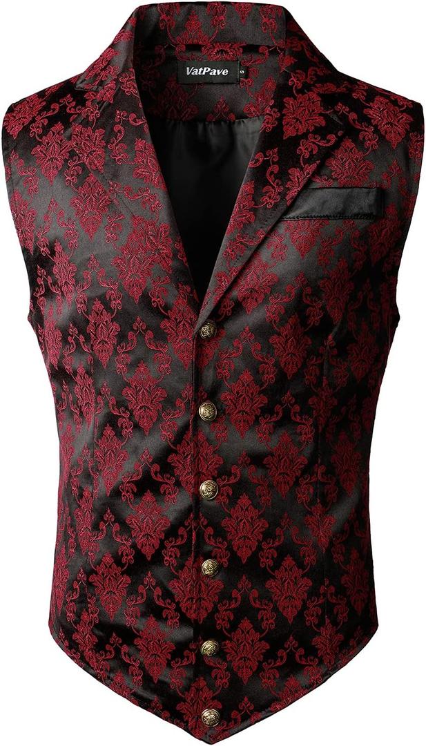 VATPAVE Mens Victorian Suit Vest Steampunk Gothic Waistcoat (Small, Black Red)