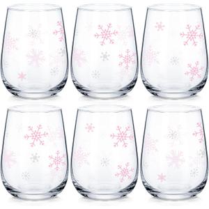 Maxcheck Snowflake Winter Wine Glass Set, Set of 6 Stemless Glasses with Snowflake Design Christmas Birthday Gift for Family Xmas Winter Present Holiday Party Gift, 17 oz (Pink)