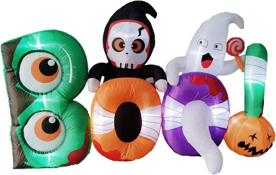 Haunted Hill Farm 8-ft. Wide Reaper and Ghost Boo Sign Blow Up with Lights, Outdoor Halloween Inflatable Decoration for Lawn and Yard, Giant Spooky Holiday Decor