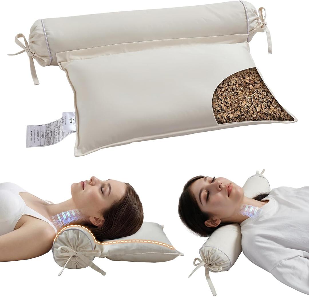 Buckwheat Pillow - 3 Point Support Buckwheat Hull Pillow for Less Pain, 2IN1 Tartary Buckwheat Neck Roll Pillow for Best Support, Adjustable Cervical Neck Pillow with Organic Cotton Pillowcase (18.1*16.1in, Off White)