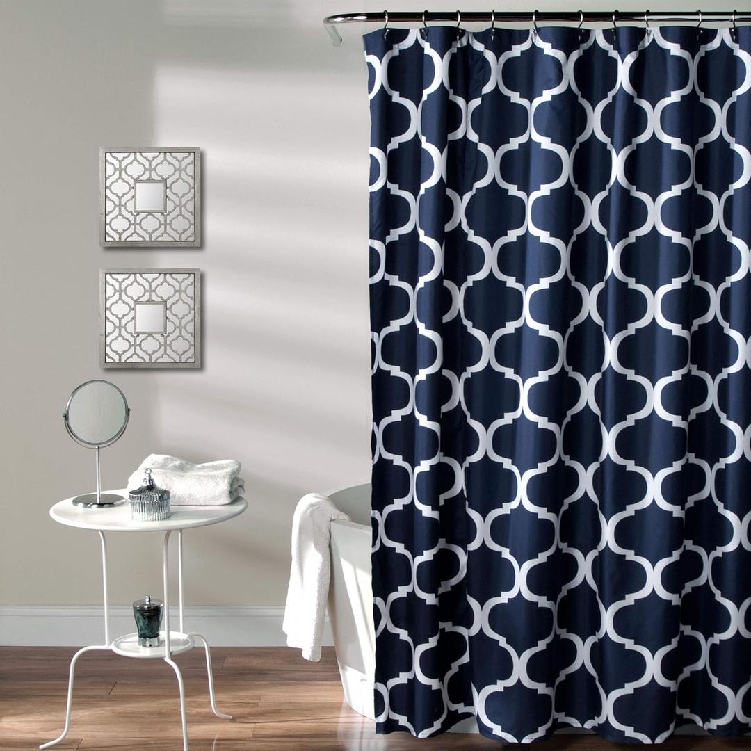 Lush Decor Bathroom Shower Curtain with Bold Trellis Print on Soft Navy Fabric, Washable and Durable, 72" x 72"