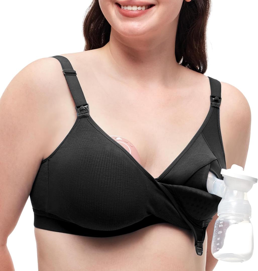 Momcozy Hands-Free Pumping Bra, Wireless & Seamless Breast Pump Bra, Breathable Tencel Fabric & Fully Fixed Cups (Medium, Black)