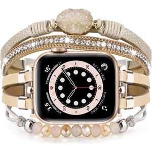 VISOOM Beaded Boho Bracelet Compatible for Apple Watch Band 38/40/41/42mm Series 10 11 Women Leather Fashion Cute Handmade Multilayer Wrap Watch Strap for iWatch Bands (Gold) (5.4~7.2")