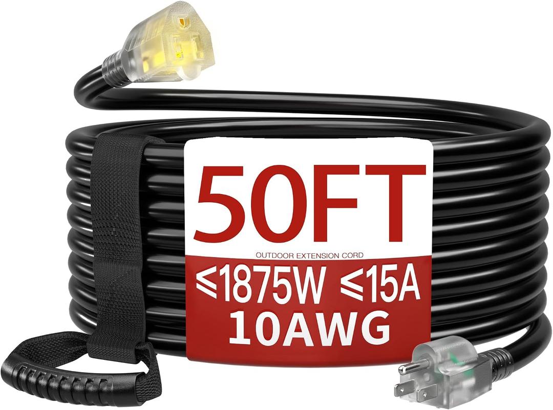 50 FT 10 Gauge Extension Cord Outdoor, Heavy Duty Weatherproof & Flame Retardant Black 3 Prong Power Cord with Light, Outside for Lawn & Garden, 15 Amps 1875 Watts 125 VAC 10AWG SJTW, ETL Listed