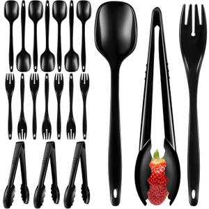 20Pcs Disposable Plastic Serving Utensils for Parties, Buffet Serving Utensils Set-8 Black Plastic Serving Spoons, 4 Tongs and 8 Forks for Catering, Entertaining and Parties