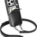 LUCKYCOIN Crossbody Wallet Phone Case for iPhone 16 Pro,100% Genuine Leather Phone Purse Case for Women,with Expandable Card Holder,with Adjustable & Removable Strap Retro Black