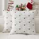Kevin Textile Christmas Tree Pillow Covers 20x20 Inch Set of 2 Luxury Embroidery Soft Plush Faux Fur Decoration Pillowcases for Couch Sofa Holiday Festivals Winter Xmas Gift, Cream White & White