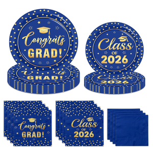 Blue and Gold Graduation Paper Plates and Napkins Serve 50, Polka Dots Graduation Decorations Class of 2026 Congrats Grad Decorations for College High School Grad Party Supplies