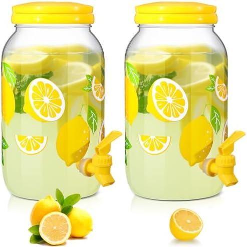 Havawish 2 Pcs 1 Gallon Plastic Beverage Dispenser with Spigot Clear Summer Kitchen Fridge Drink Dispenser for Parties Lemonade Juice Tea Beer Cold Water (Yellow,Circular Column)