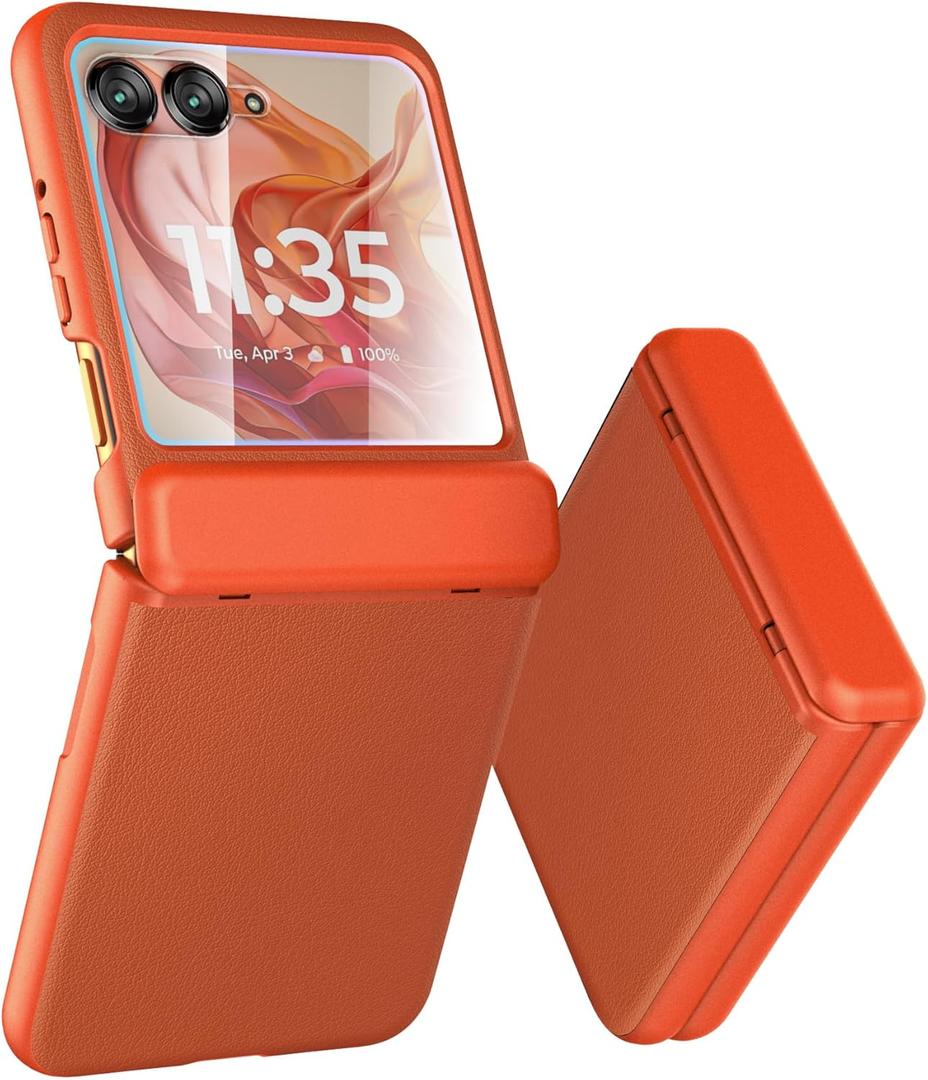Case for Motorola Razr 2024/2025 - with Built-in External Screen Protector & Hinge Protection, Slim Cover + PU Leather Back Protective Phone Case for Moto Razr 2024 / Razr 2025 - Orange